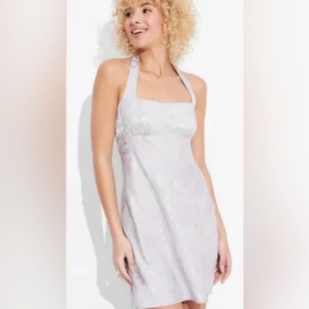 Wild Fable Satin Jacquard Halter Mini Large fairy prom silver cocktail dress NWT